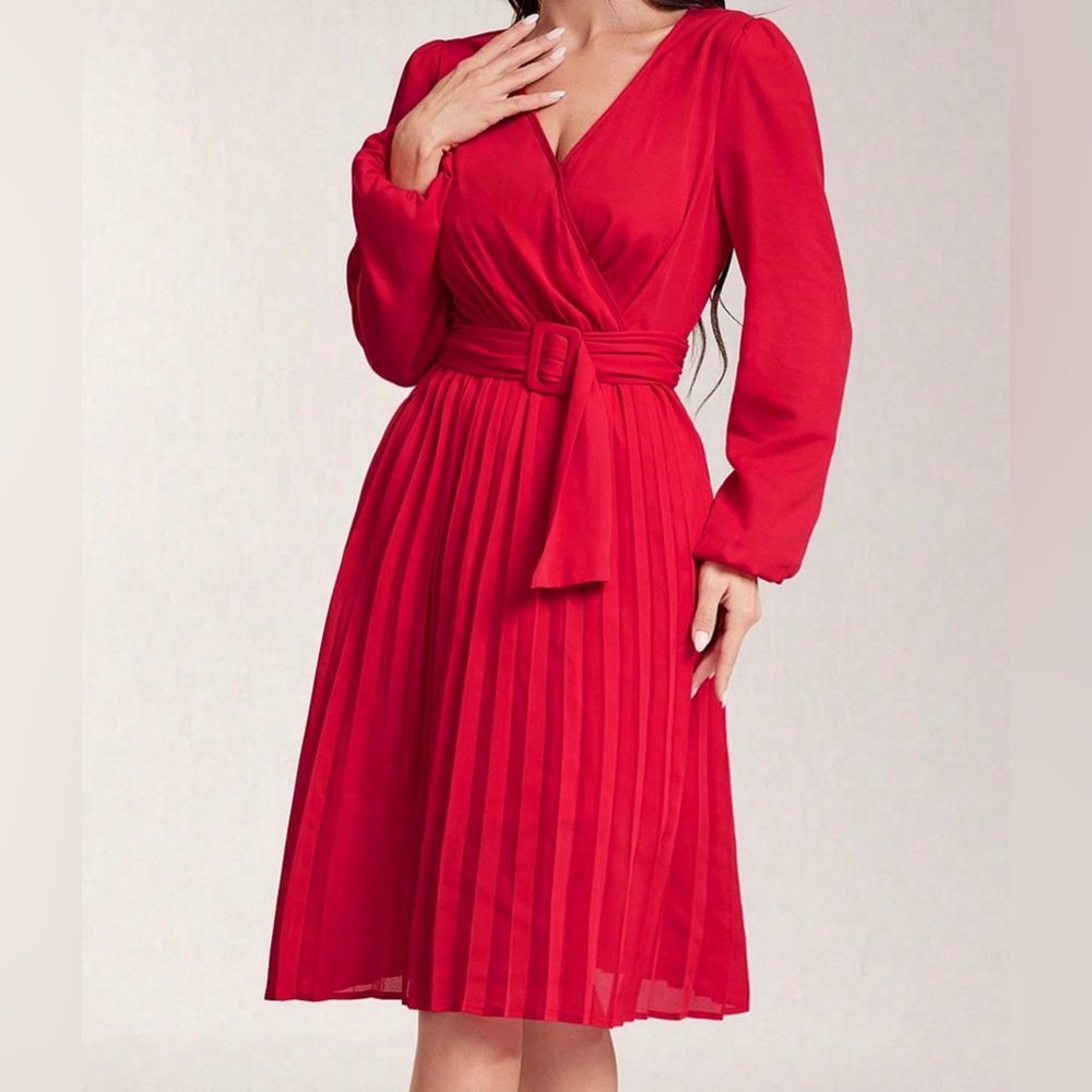 Red V neck dress with belt attached